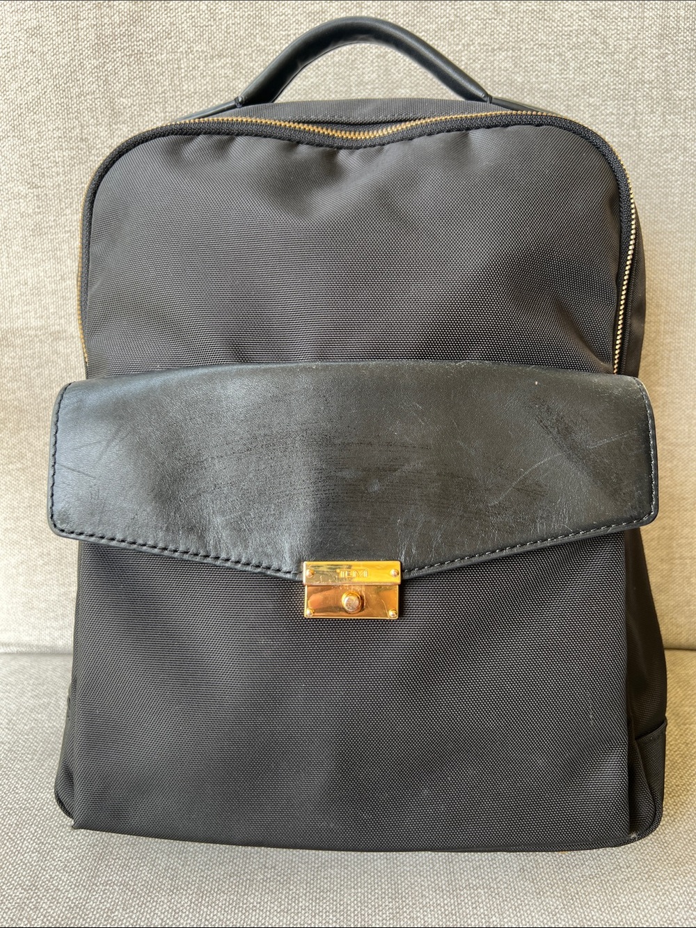 Tumi Larkin Laurel Black Nylon Backpack with Gold-Tone Lock and Leather Flap